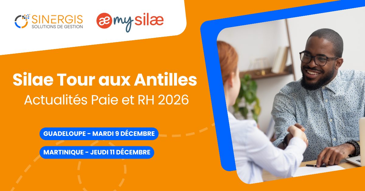 Bannière promotionnelle pour "Silae Tour aux Antilles" avec des dates d'événements en Guadeloupe et en Martinique, représentant deux personnes discutant à un bureau.