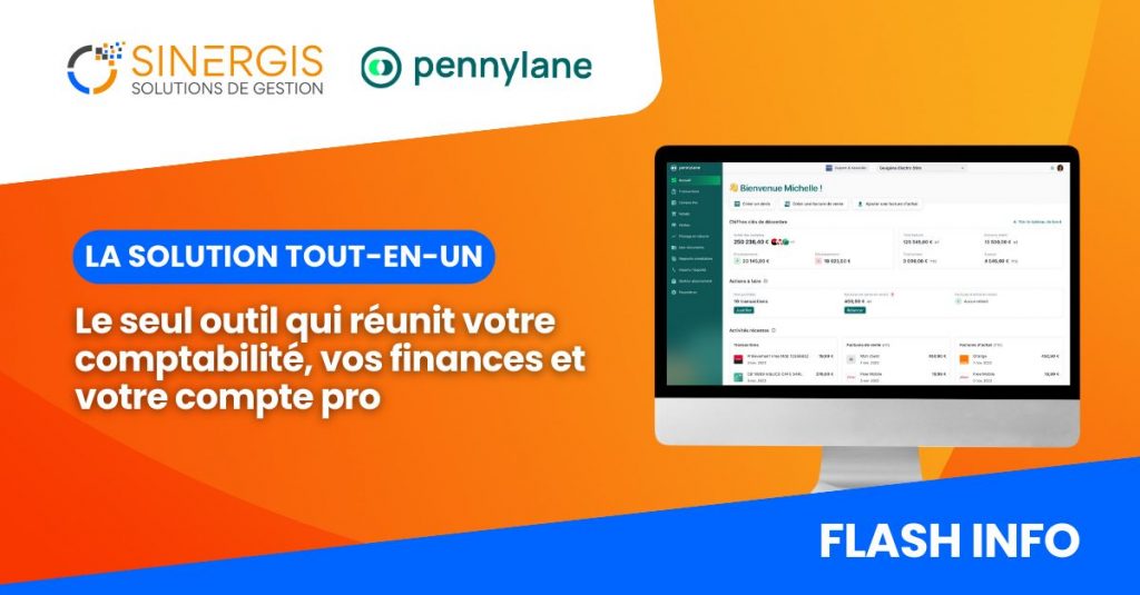 Un graphique promotionnel pour Sinergis et Pennylane montre un écran d'ordinateur affichant un logiciel de comptabilité et un texte mettant en évidence une solution tout-en-un pour la comptabilité, la finance et les comptes d'entreprise.