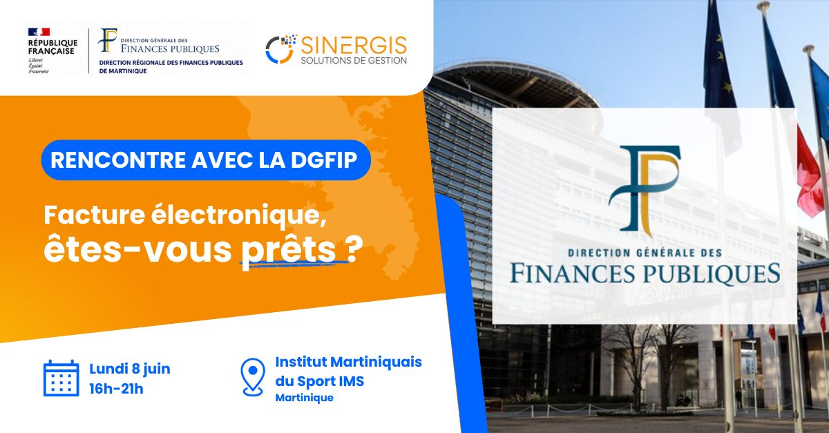 Bannière promotionnelle pour un événement sur la facturation électronique de la DGFiP, indiquant la date, l'heure, le lieu et les logos du gouvernement français et des partenaires.