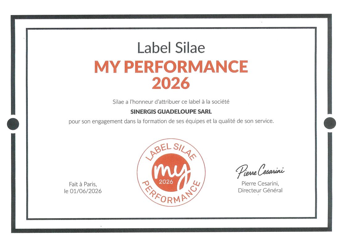 Label Silae Sinergis Certificat décerné à Sinergis Guadeloupe SARL pour le programme « My Performance 2026 » par Silae, en reconnaissance de son engagement en faveur de la formation et de la qualité de service. Signé par Pierre Cesarini, en date du 1er juin 2026.
