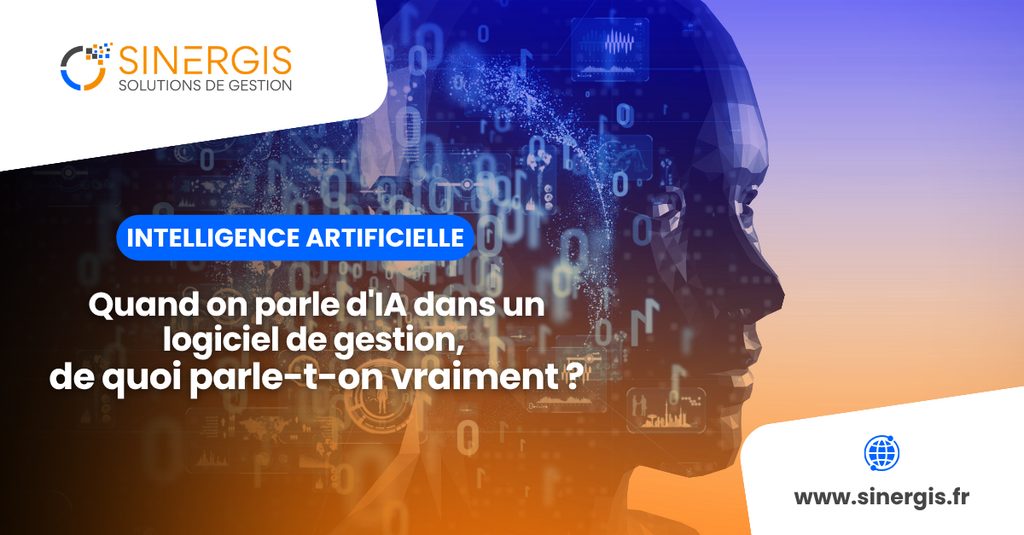 On voit une silhouette humaine numérique sur laquelle sont superposées des données, un texte traitant de l'intelligence artificielle dans les logiciels de gestion, ainsi que le logo de Sinergis Solutions de Gestion.