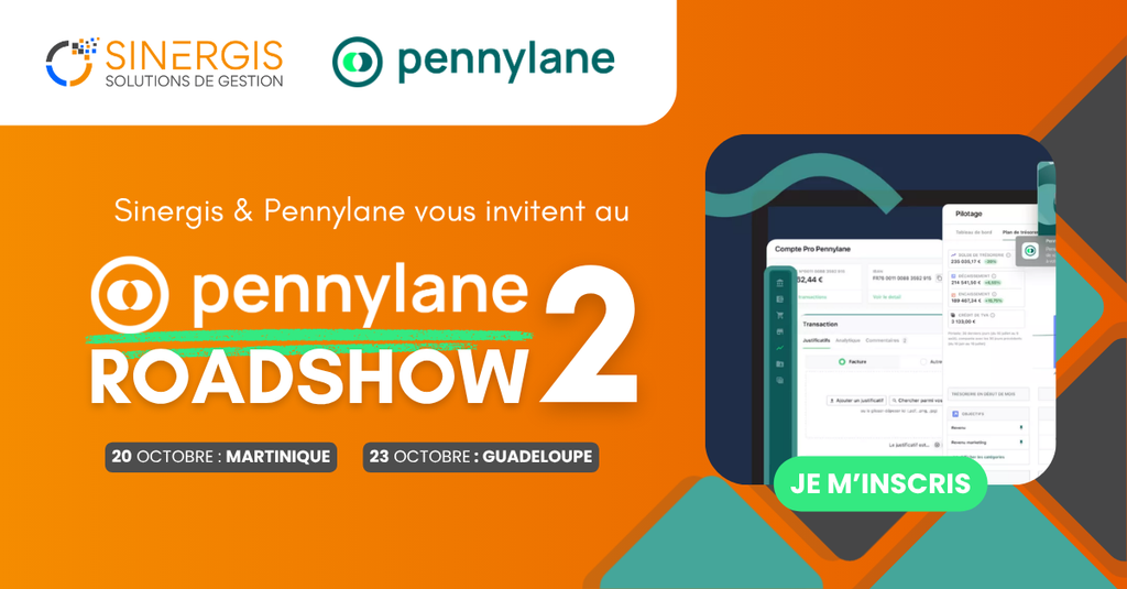 Image promotionnelle pour la tournée Pennylane Roadshow 2, qui se tiendra en Martinique le 20 octobre et en Guadeloupe le 23 octobre, présentant les fonctionnalités d'automatisation d'un logiciel de comptabilité ainsi qu'un bouton d'inscription.